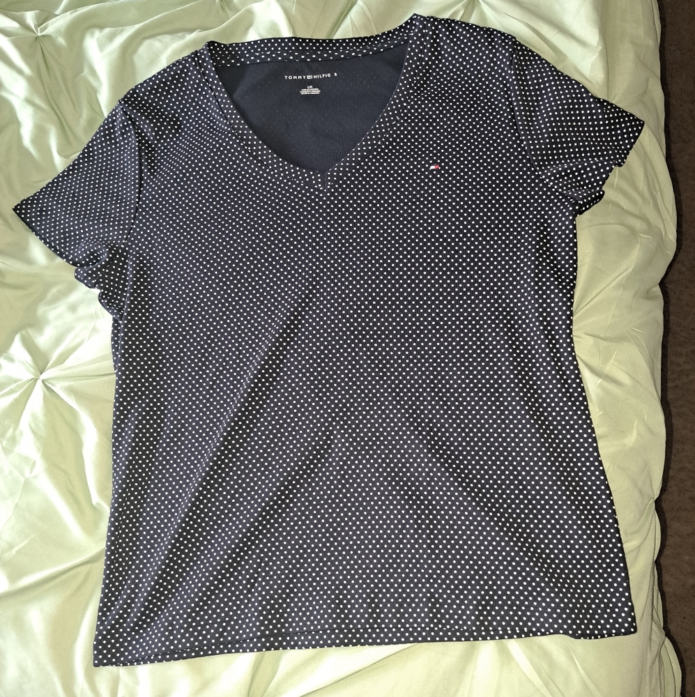 Tommy Hilfiger Large Preppy Blue and White Polka Dot shirt